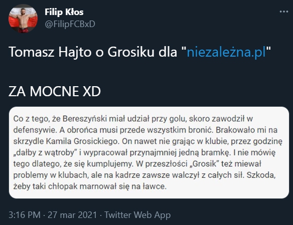WYPOWIEDŹ Tomasza Hajty o braku Grosickiego w składzie! xD